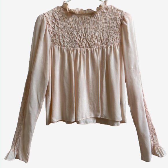 Free People Smocked Yoke Blouse Pink Coral XS Boho Peasant Top Long Sleeve - Picture 3 of 9